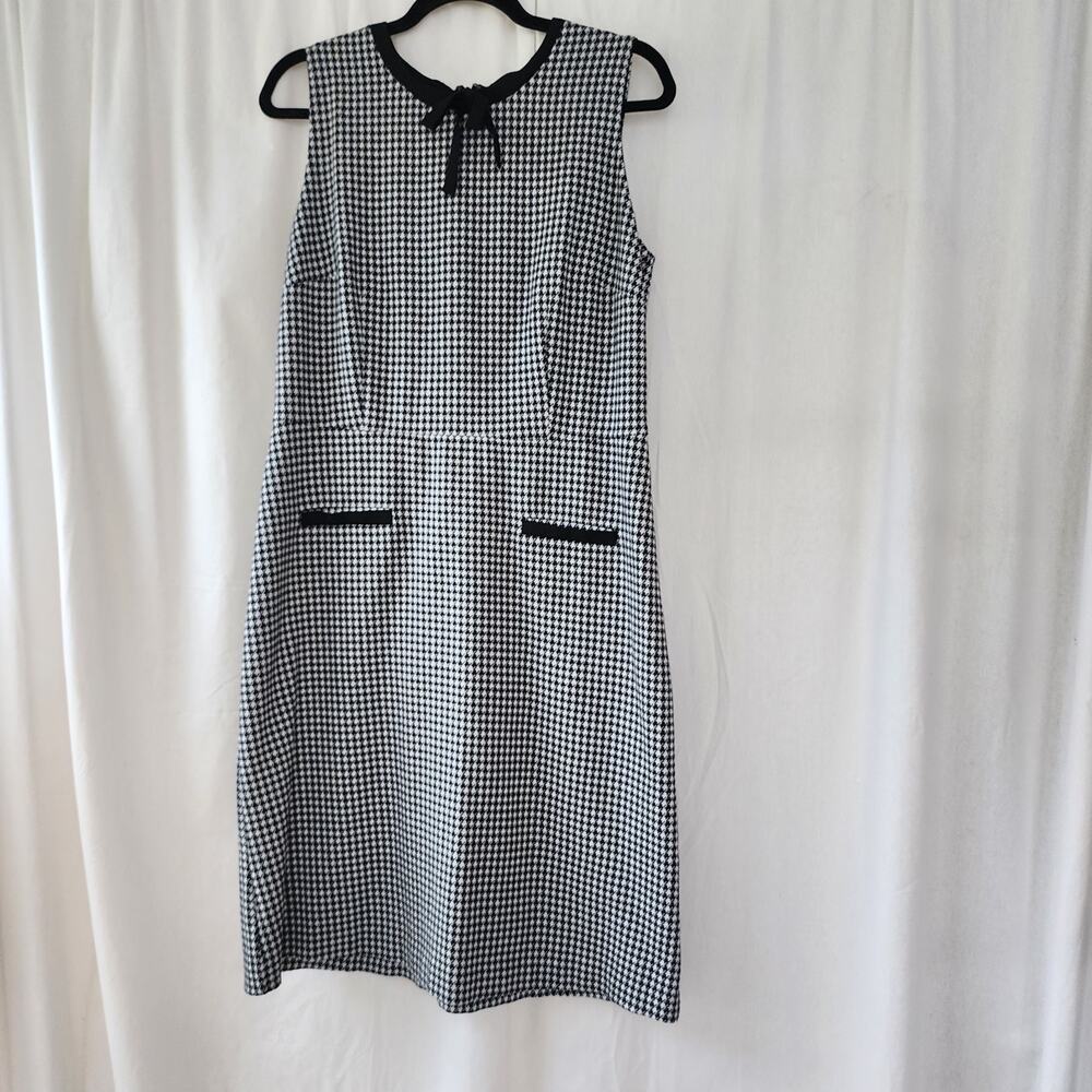 Talbots Women's 10 Houndstooth Ponte Midi Dress Black White Bow Festive Preppy - Picture 2 of 11